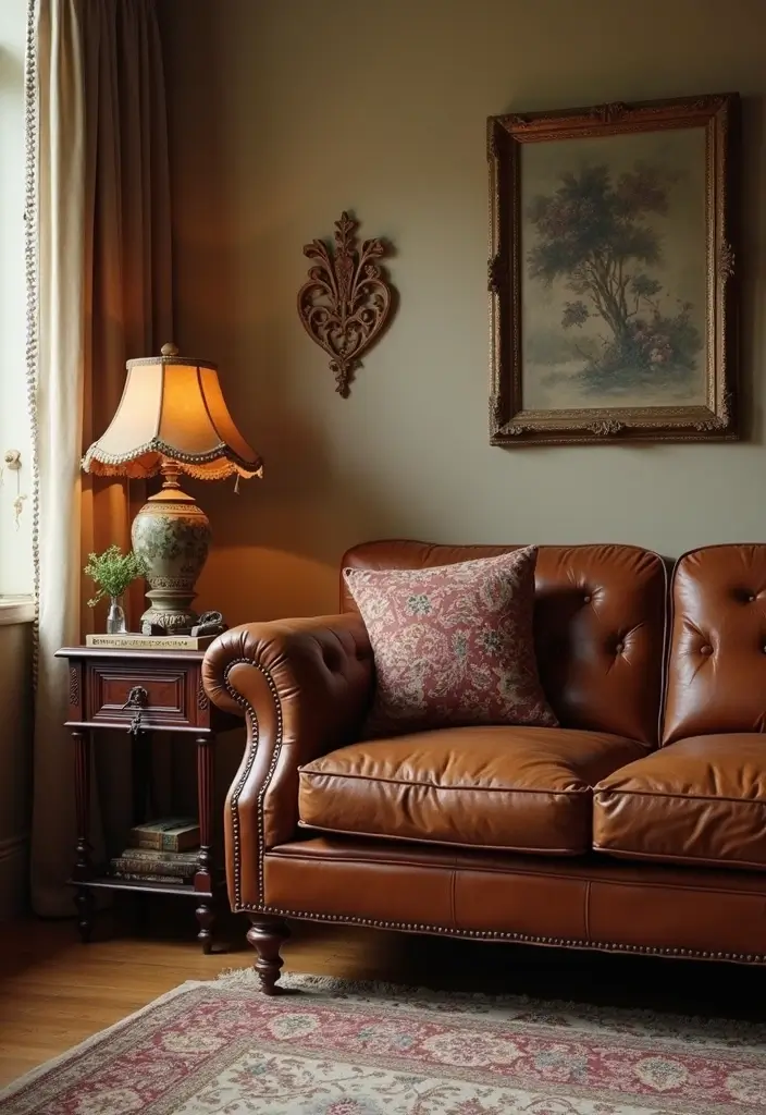 30 Brown Leather Couch Decor Ideas for Living Rooms - 5. Vintage Accents 1