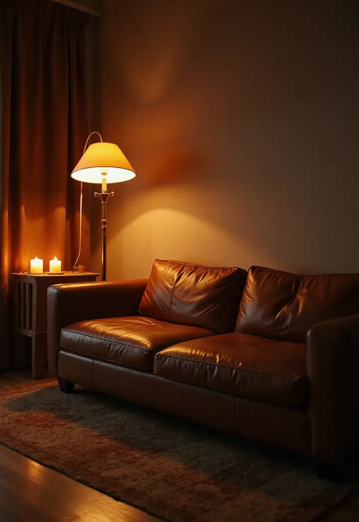 30 Brown Leather Couch Decor Ideas for Living Rooms - 6. Cozy Lighting 1