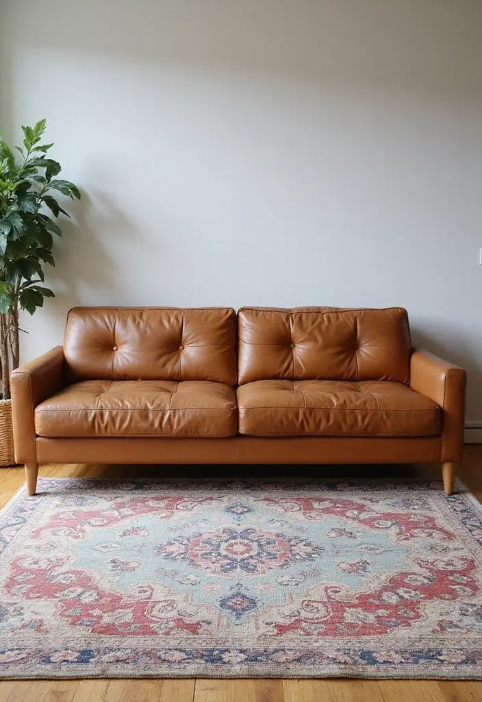 30 Brown Leather Couch Decor Ideas for Living Rooms - 7. Layered Rugs 1