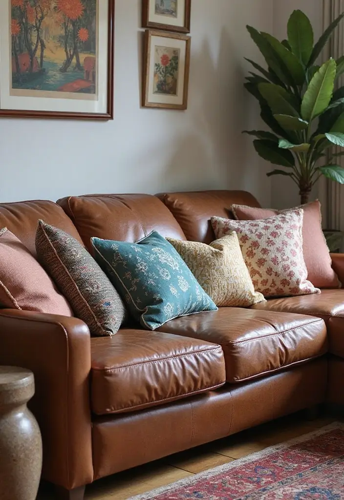 30 Brown Leather Couch Decor Ideas for Living Rooms - 8. Eclectic Throw Pillows 1