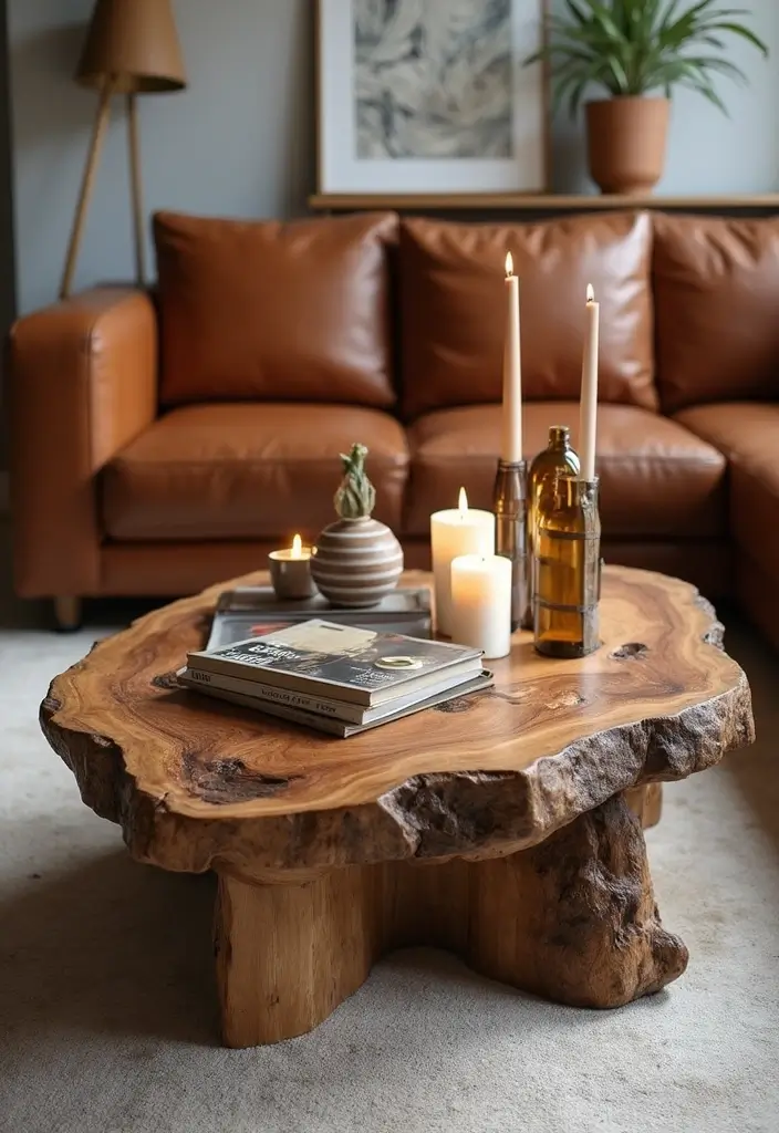30 Brown Leather Couch Decor Ideas for Living Rooms - 9. Artistic Coffee Tables 1
