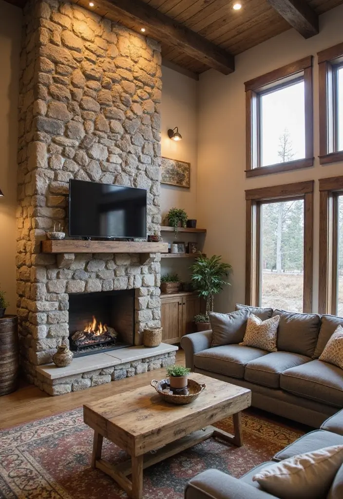 30 Brown Living Room Decor Ideas for Cozy Homes - 11. Natural Stone Accents 1
