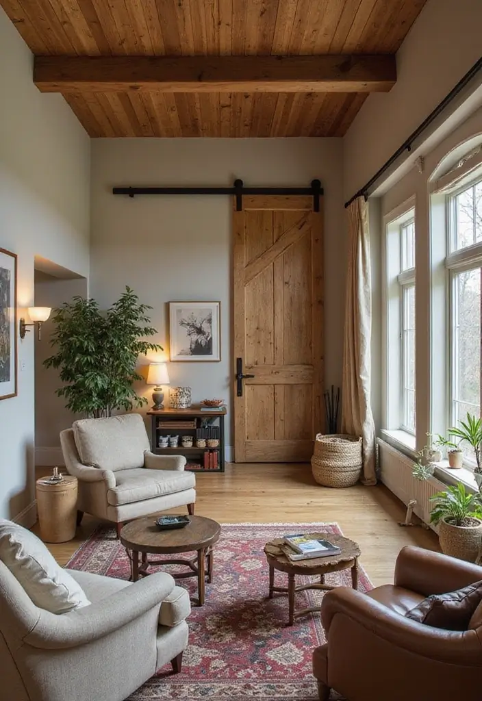 30 Brown Living Room Decor Ideas for Cozy Homes - 15. Barn Door Accents 1