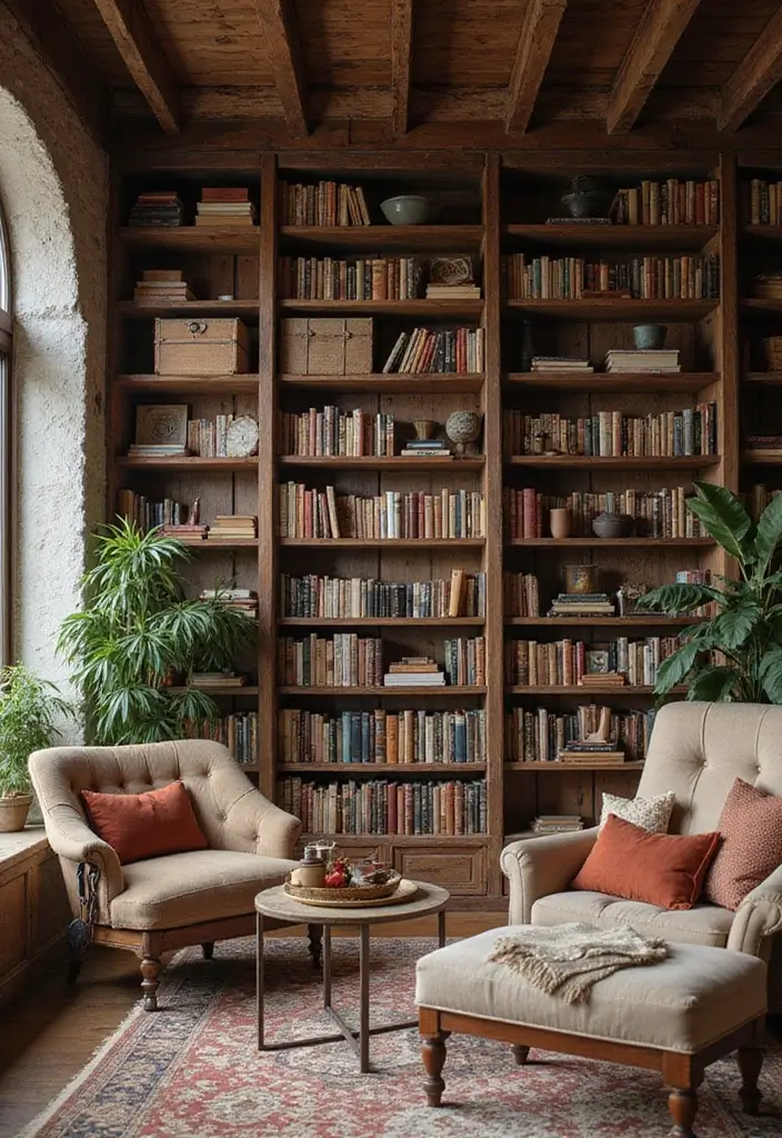 30 Brown Living Room Decor Ideas for Cozy Homes - 22. Rustic Bookshelves 1