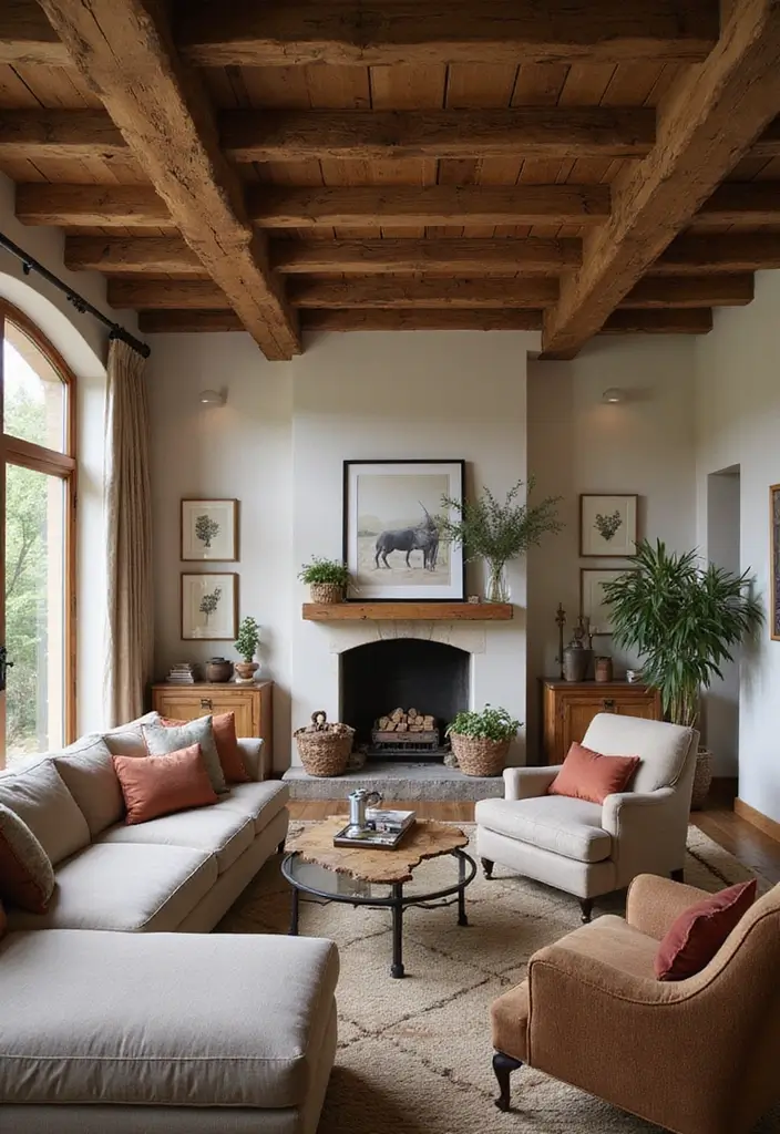 30 Brown Living Room Decor Ideas for Cozy Homes - 25. Cozy Ceiling Beams 1
