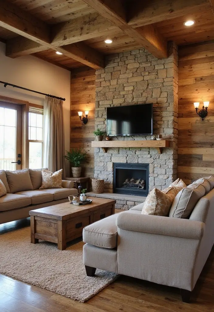 30 Brown Living Room Decor Ideas for Cozy Homes - 26. Rustic Wall Treatments 1