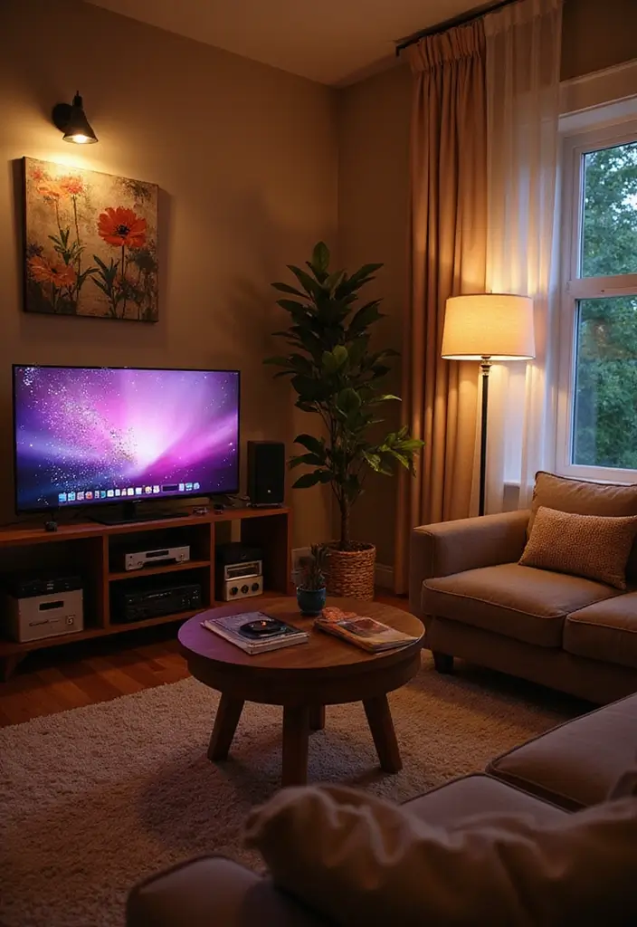 30 Brown Living Room Decor Ideas for Cozy Homes - 28. Soft, Ambient Music 1