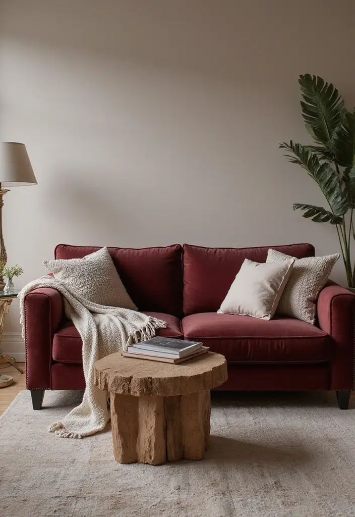 30 Burgundy Living Room Decor Ideas for Warmth - 1. Burgundy Velvet Sofa 1