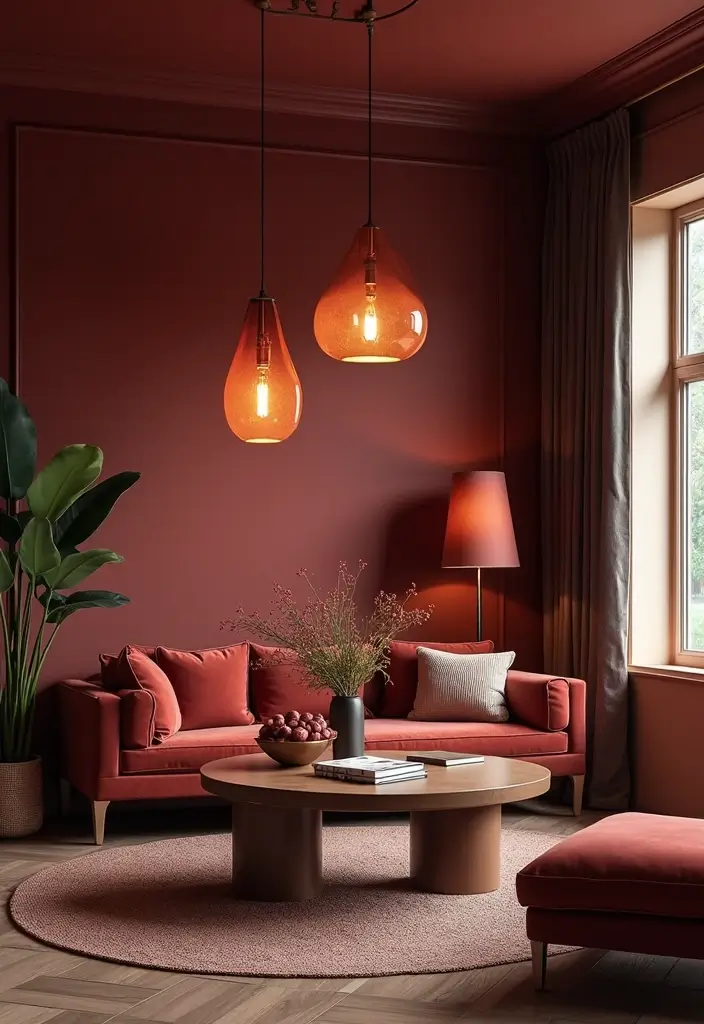 30 Burgundy Living Room Decor Ideas for Warmth - 12. Burgundy Lighting Fixtures 1