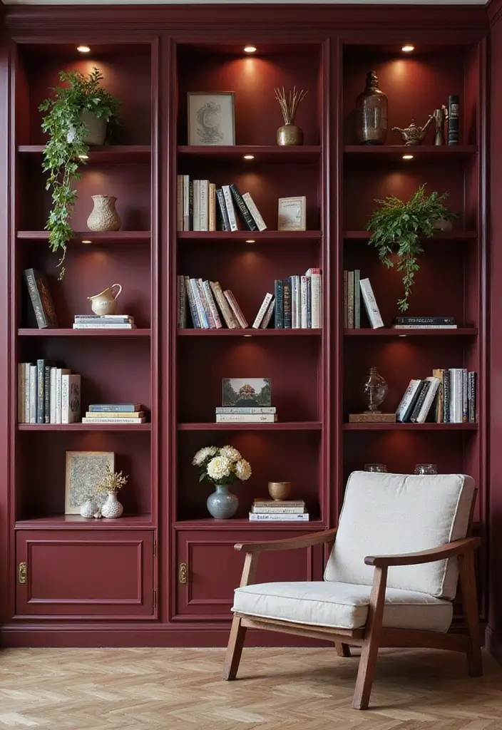 30 Burgundy Living Room Decor Ideas for Warmth - 13. Burgundy Bookcases 1