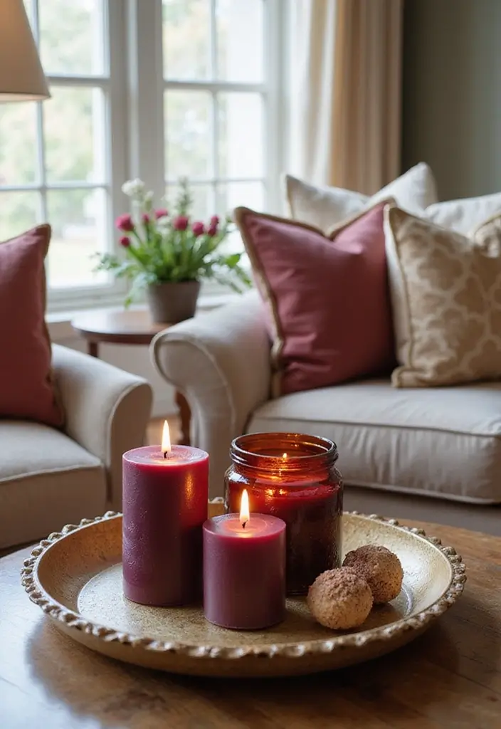 30 Burgundy Living Room Decor Ideas for Warmth - 14. Burgundy Pillar Candles 1
