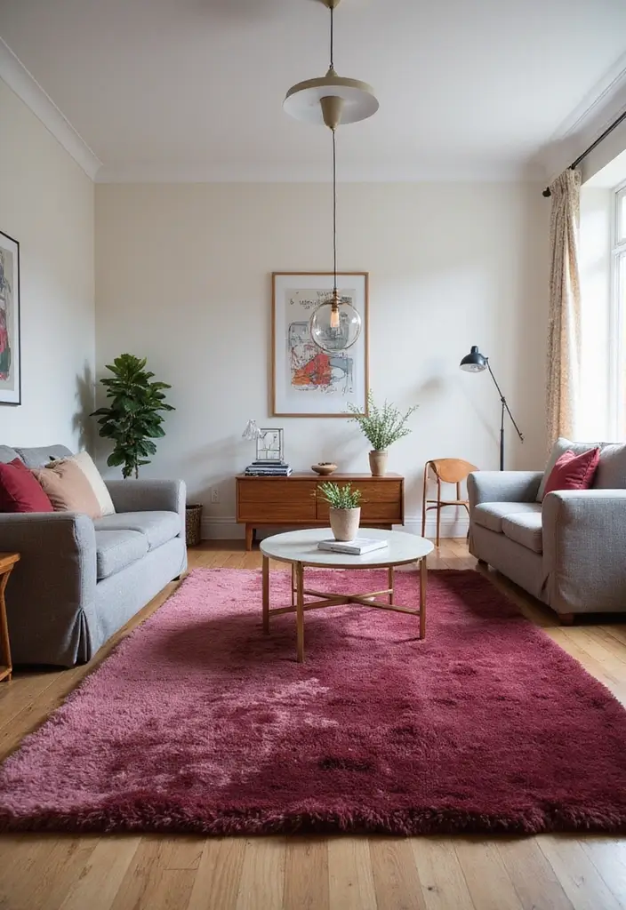 30 Burgundy Living Room Decor Ideas for Warmth - 15. Burgundy Throw Rugs 1