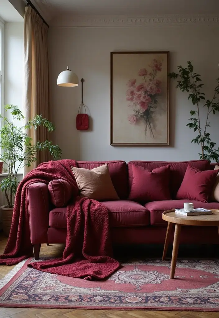 30 Burgundy Living Room Decor Ideas for Warmth - 18. Burgundy Sofa Throws 1