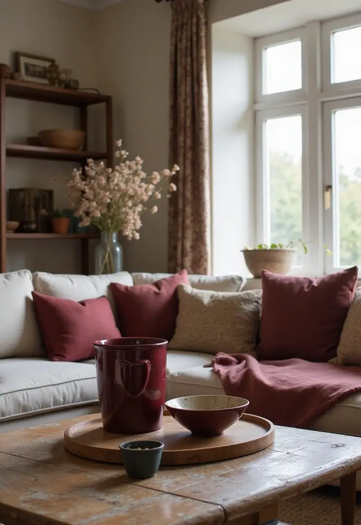 30 Burgundy Living Room Decor Ideas for Warmth - 19. Burgundy Decorative Bowls 1