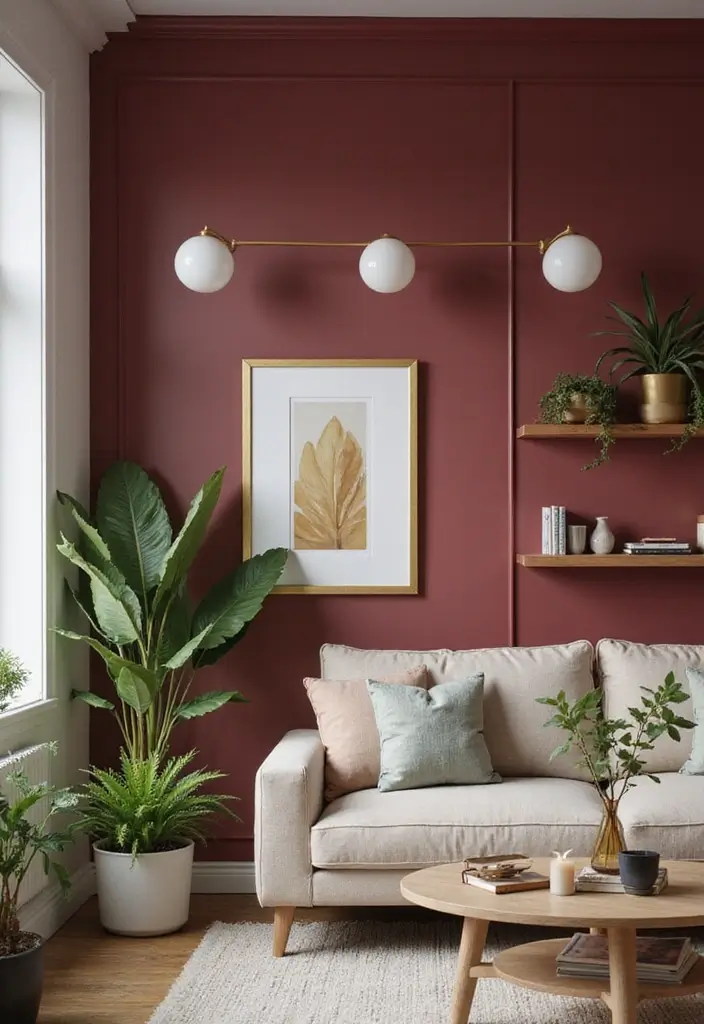 30 Burgundy Living Room Decor Ideas for Warmth - 2. Burgundy Accent Wall 1