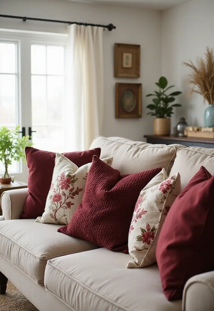 30 Burgundy Living Room Decor Ideas for Warmth - 20. Burgundy Throw Pillows 1