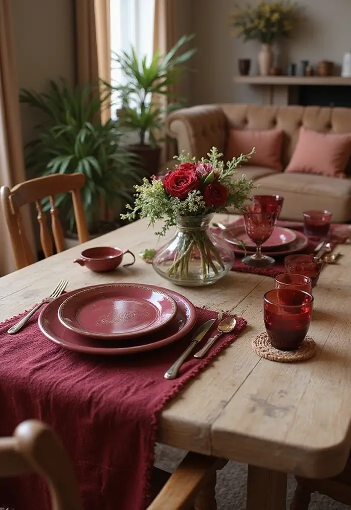 30 Burgundy Living Room Decor Ideas for Warmth - 21. Burgundy Table Settings 1