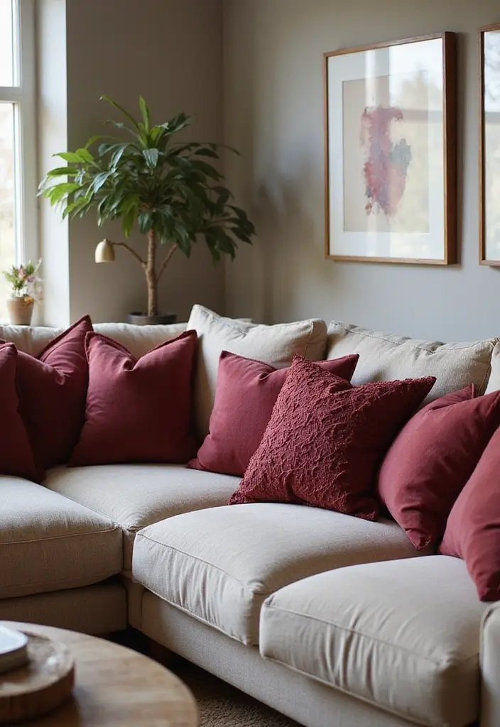 30 Burgundy Living Room Decor Ideas for Warmth - 22. Burgundy Accent Pillows 1
