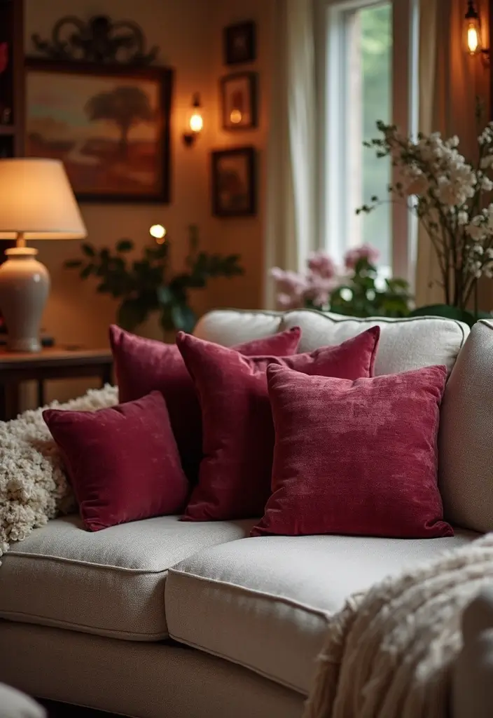 30 Burgundy Living Room Decor Ideas for Warmth - 25. Burgundy Pillow Covers 1