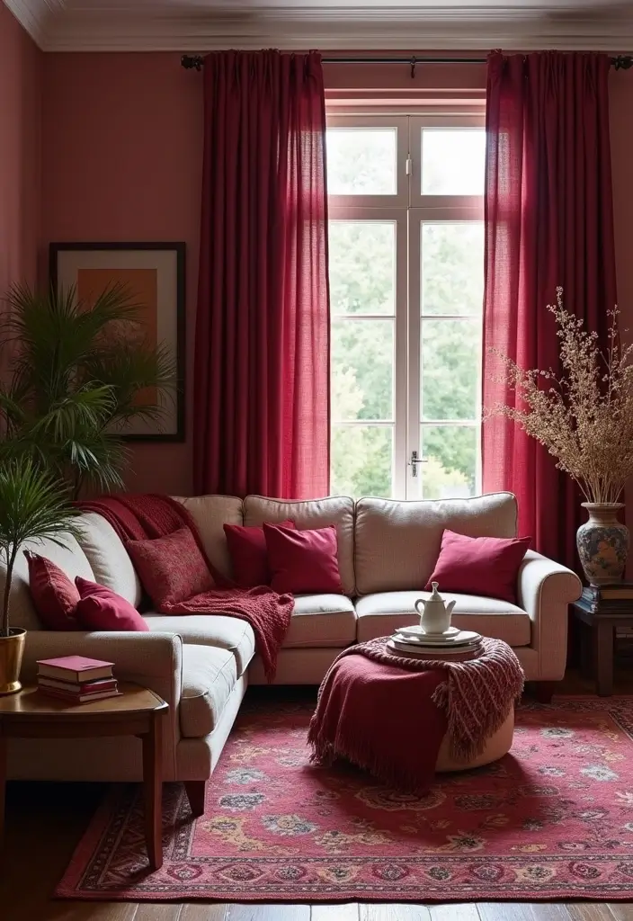 30 Burgundy Living Room Decor Ideas for Warmth - 26. Burgundy Textiles 1