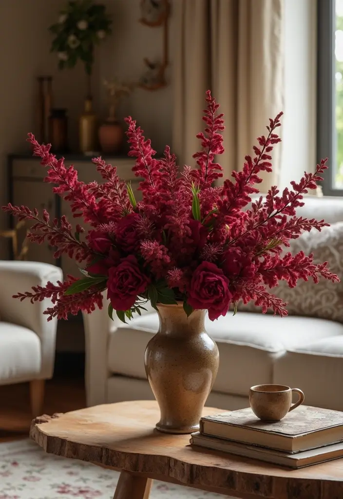 30 Burgundy Living Room Decor Ideas for Warmth - 28. Burgundy Floral Arrangements 1