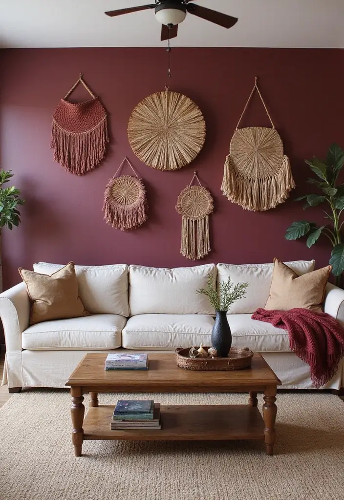 30 Burgundy Living Room Decor Ideas for Warmth - 29. Burgundy Wall Hangings 1