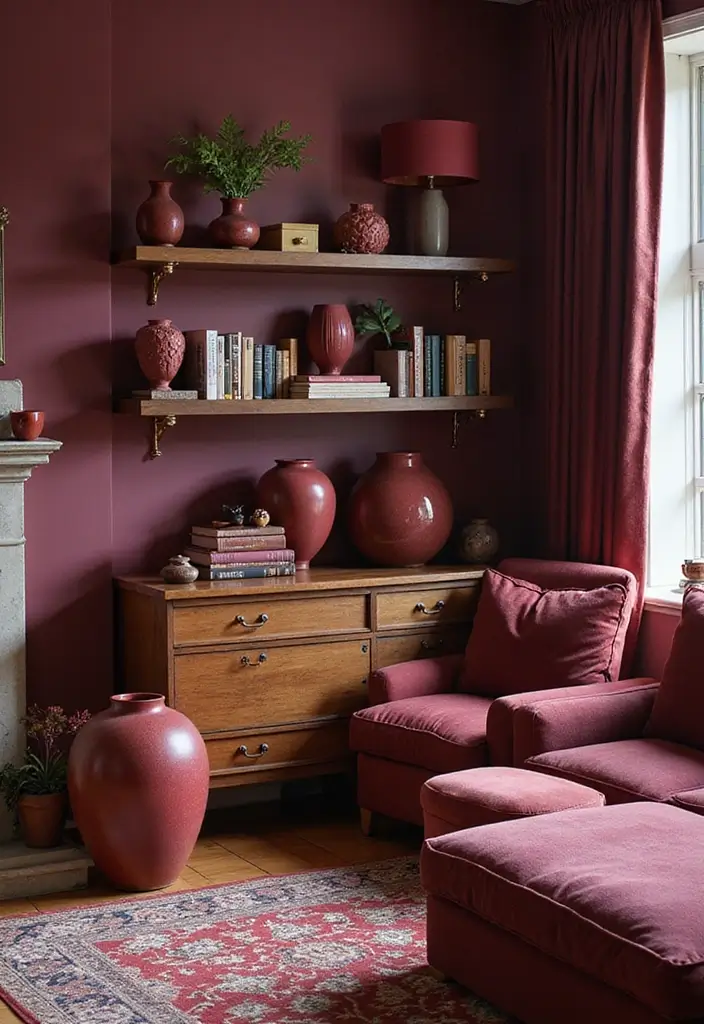 30 Burgundy Living Room Decor Ideas for Warmth - 30. Burgundy Decorative Elements 1
