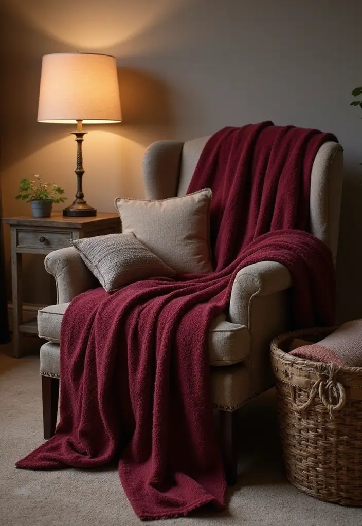 30 Burgundy Living Room Decor Ideas for Warmth - 4. Burgundy Throw Blankets 1
