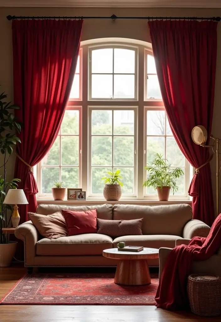 30 Burgundy Living Room Decor Ideas for Warmth - 5. Burgundy Curtains 1