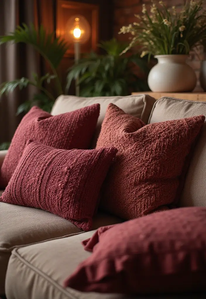 30 Burgundy Living Room Decor Ideas for Warmth - 7. Burgundy Decorative Pillows 1