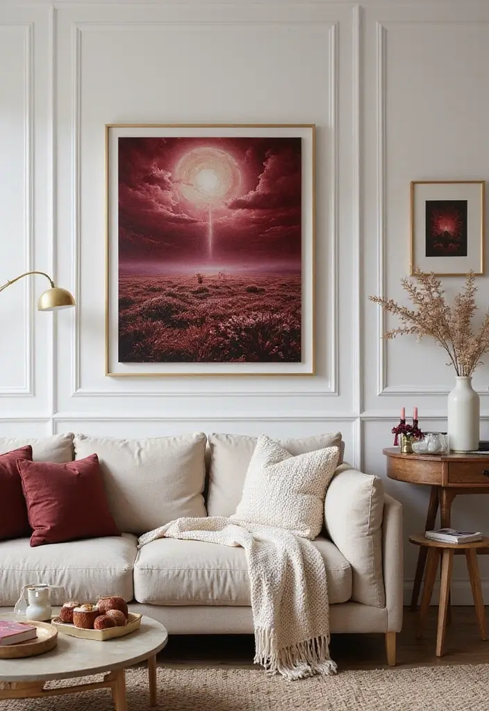 30 Burgundy Living Room Decor Ideas for Warmth - 8. Burgundy Artwork 1