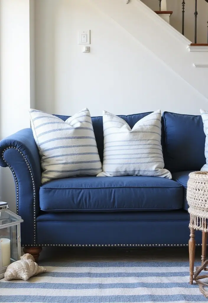 30 Coastal-Inspired Navy Blue Couch Living Room Decor Ideas - 1. Nautical Stripes and Patterns 1