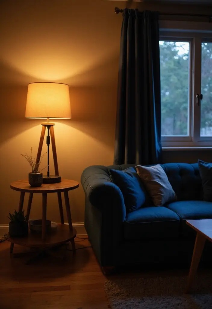 30 Coastal-Inspired Navy Blue Couch Living Room Decor Ideas - 13. Layered Lighting Solutions 1