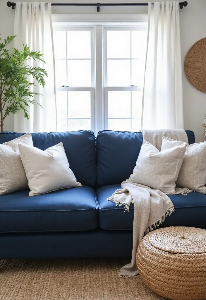 30 Coastal-Inspired Navy Blue Couch Living Room Decor Ideas - 14. Beachy Textiles 1