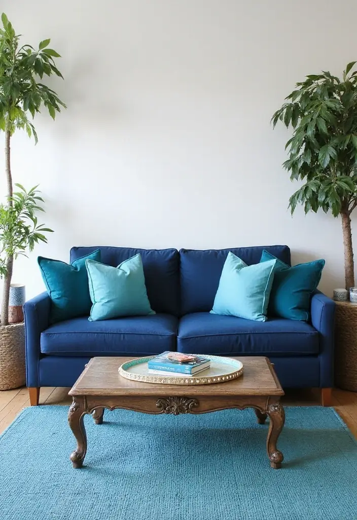30 Coastal-Inspired Navy Blue Couch Living Room Decor Ideas - 15. Mixing Shades of Blue 1