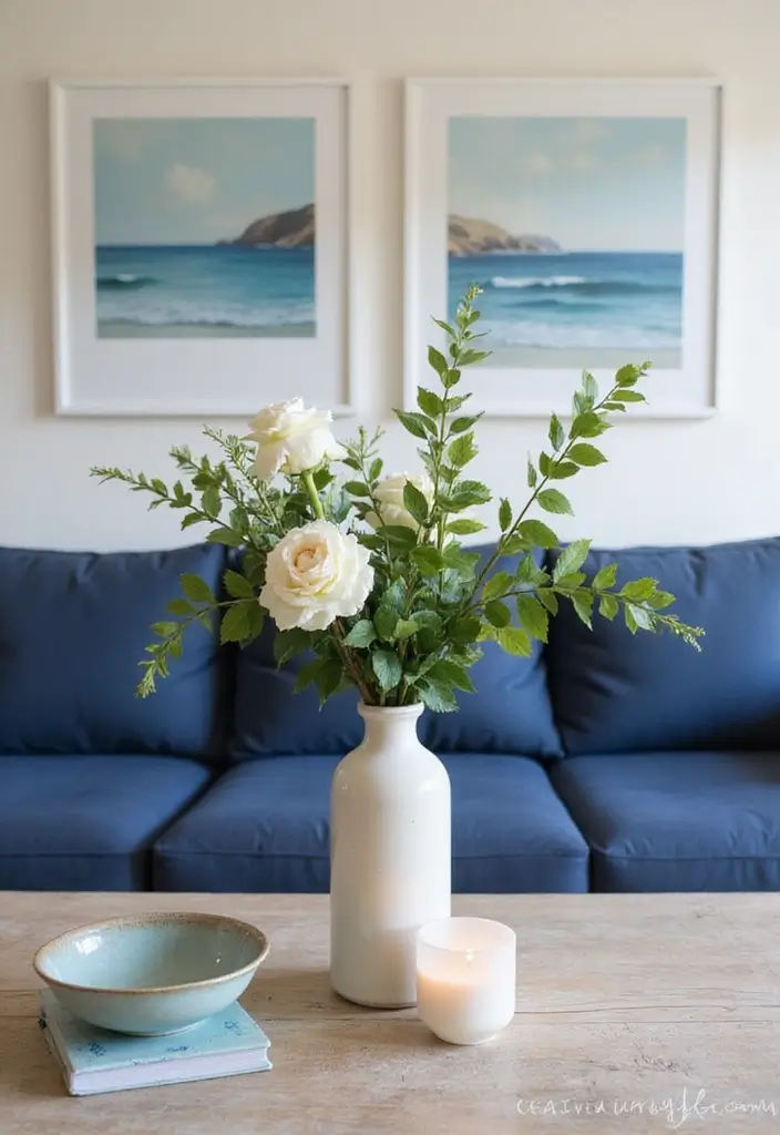 30 Coastal-Inspired Navy Blue Couch Living Room Decor Ideas - 16. Simple Floral Arrangements 1