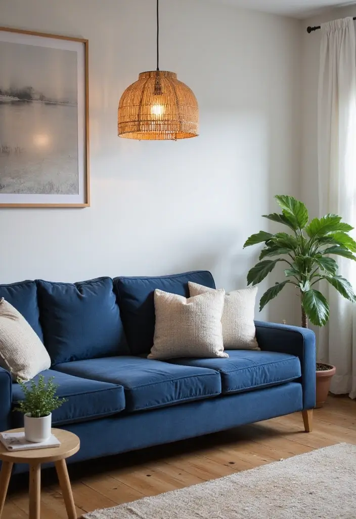 30 Coastal-Inspired Navy Blue Couch Living Room Decor Ideas - 17. Soft Lighting Fixtures 1