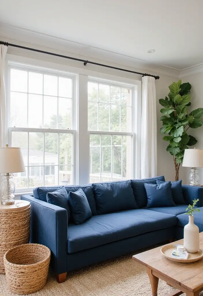 30 Coastal-Inspired Navy Blue Couch Living Room Decor Ideas - 18. Adding Woven Textures 1