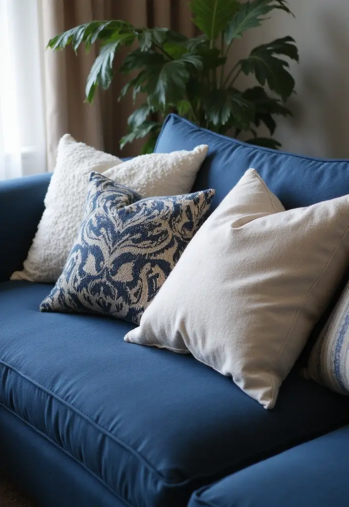 30 Coastal-Inspired Navy Blue Couch Living Room Decor Ideas - 19. Layering Pillows 1