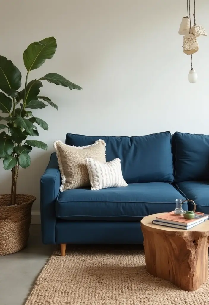 30 Coastal-Inspired Navy Blue Couch Living Room Decor Ideas - 22. Eco-Friendly Materials 1