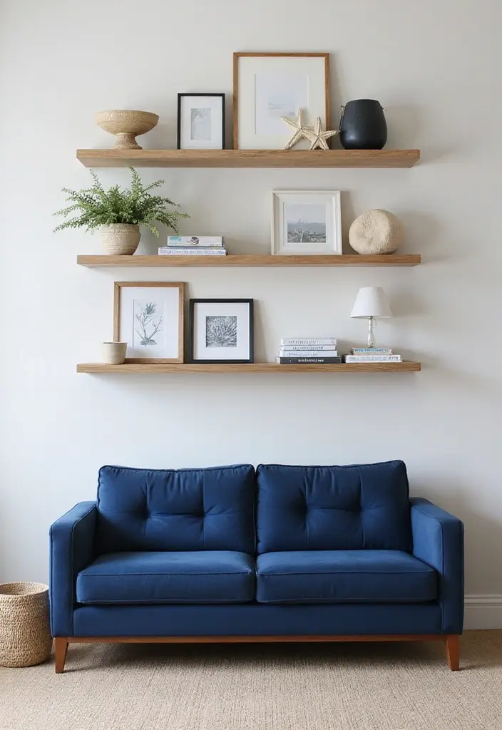 30 Coastal-Inspired Navy Blue Couch Living Room Decor Ideas - 24. Wall Shelving for Display 1