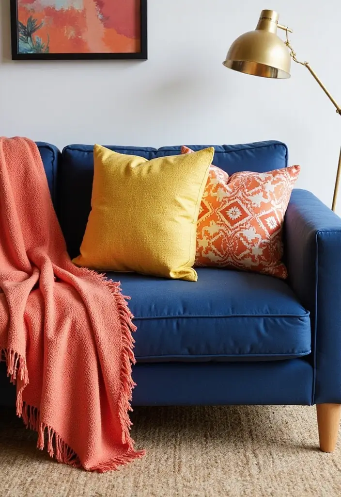 30 Coastal-Inspired Navy Blue Couch Living Room Decor Ideas - 26. Colorful Throws and Cushions 1