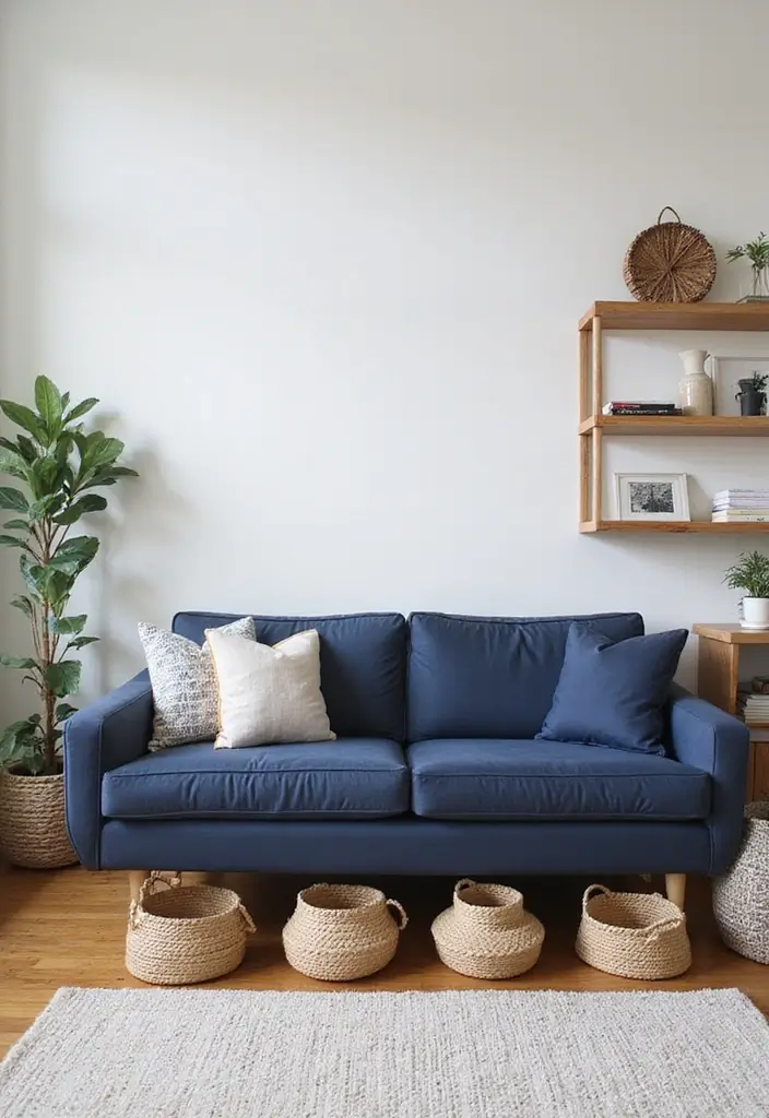 30 Coastal-Inspired Navy Blue Couch Living Room Decor Ideas - 28. Simple Command Center 1