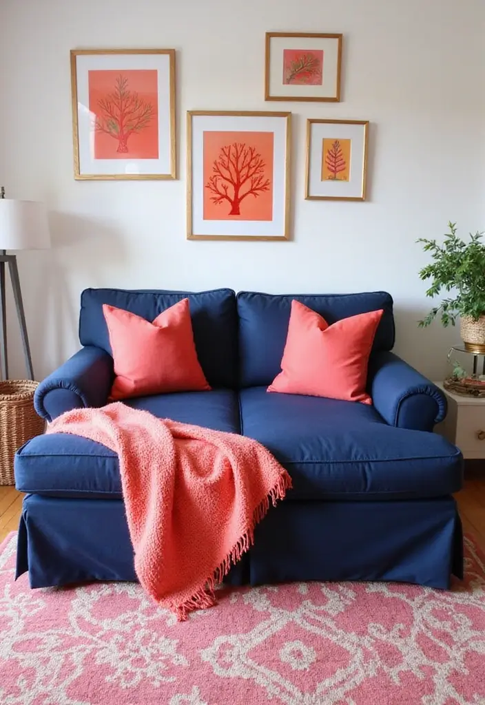30 Coastal-Inspired Navy Blue Couch Living Room Decor Ideas - 3. Bright Coral Accents 1