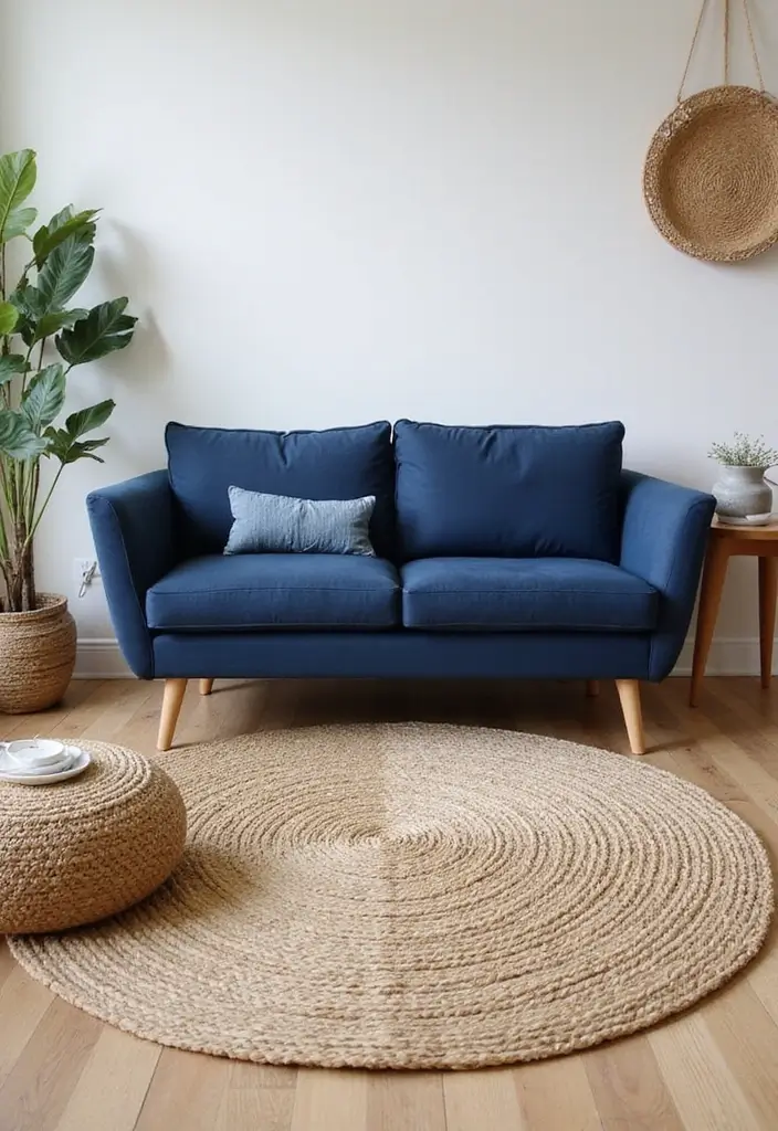 30 Coastal-Inspired Navy Blue Couch Living Room Decor Ideas - 4. Seagrass and Natural Fiber Rugs 1