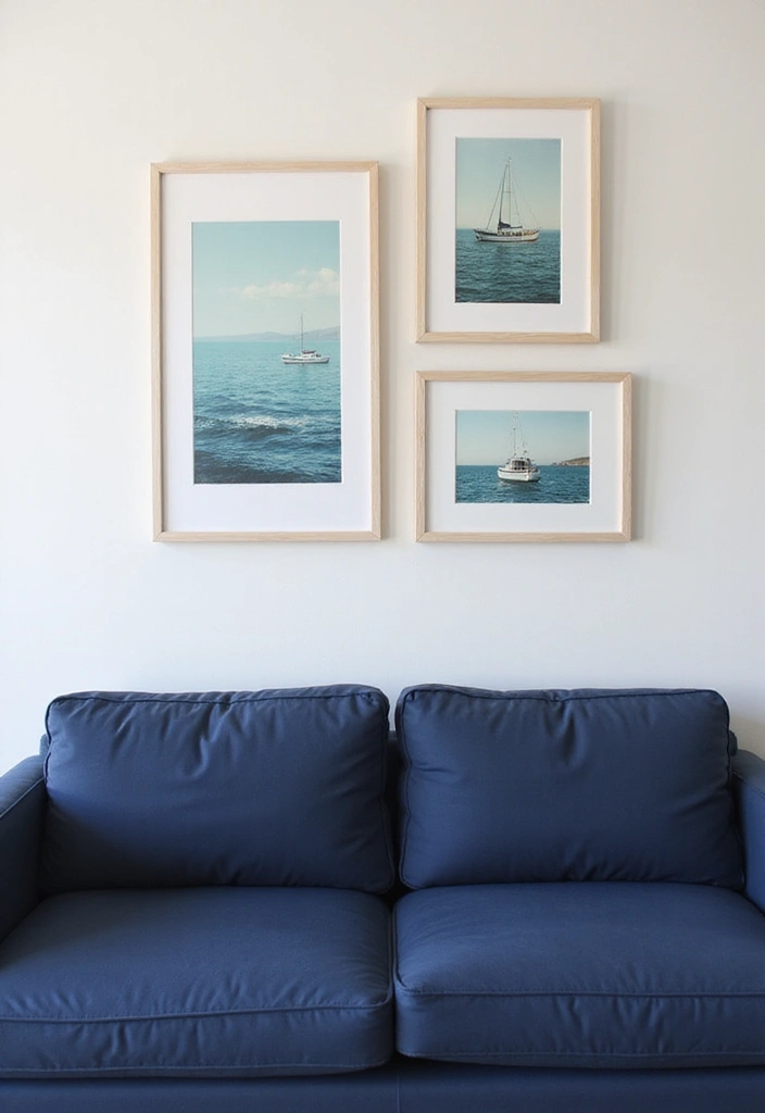 30 Coastal-Inspired Navy Blue Couch Living Room Decor Ideas - 5. Coastal Artwork 1