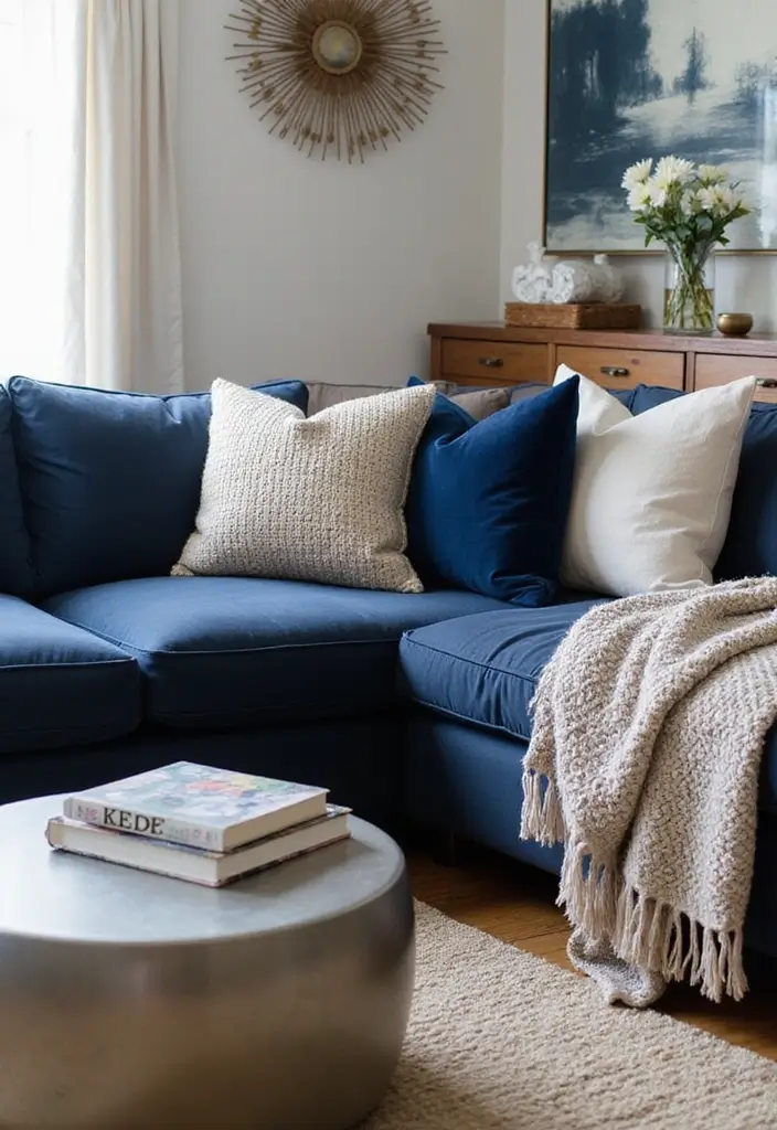 30 Coastal-Inspired Navy Blue Couch Living Room Decor Ideas - 6. Mixing Textures 1