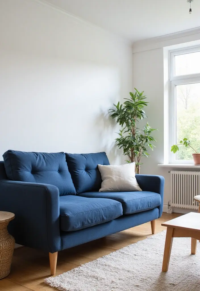 30 Coastal-Inspired Navy Blue Couch Living Room Decor Ideas - 7. Bright White Backdrops 1