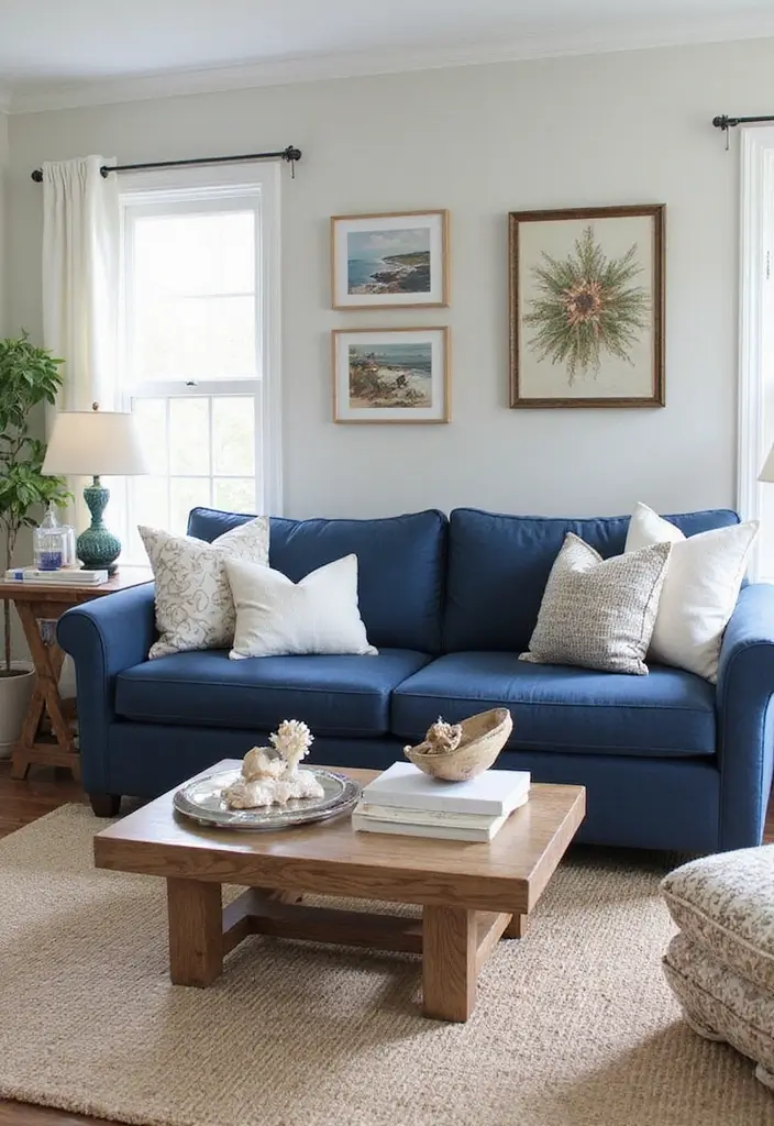 30 Coastal-Inspired Navy Blue Couch Living Room Decor Ideas - 8. Ocean-Inspired Decor 1