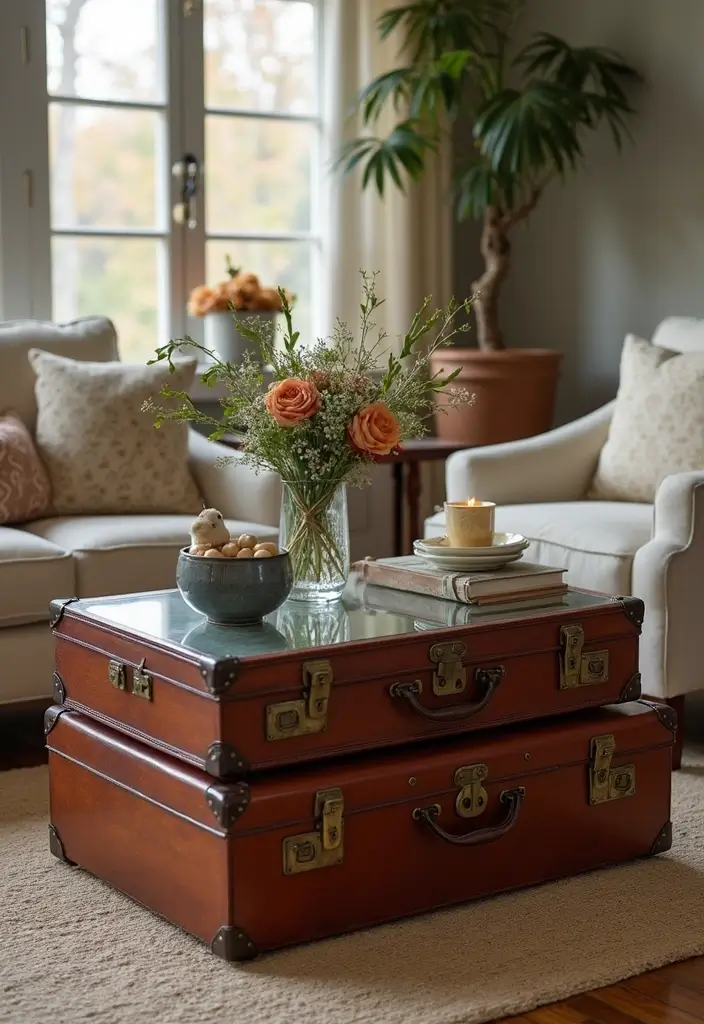 30 DIY Living Room Decor Ideas on a Budget - 1. Vintage Suitcase Coffee Table 1